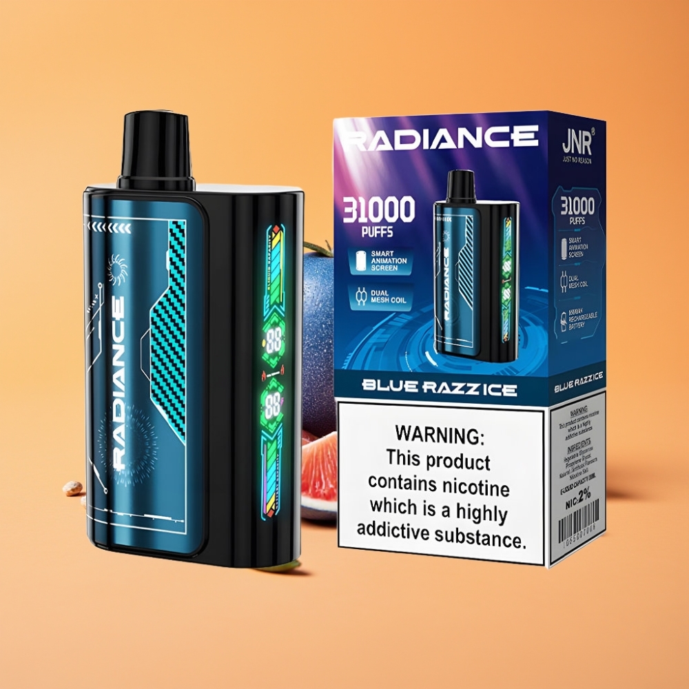 JNR Radiance 31000 Puffs Engangs Vape BLÅ HINDBAER IS med 28ml E-væske og Dual Mesh Coil