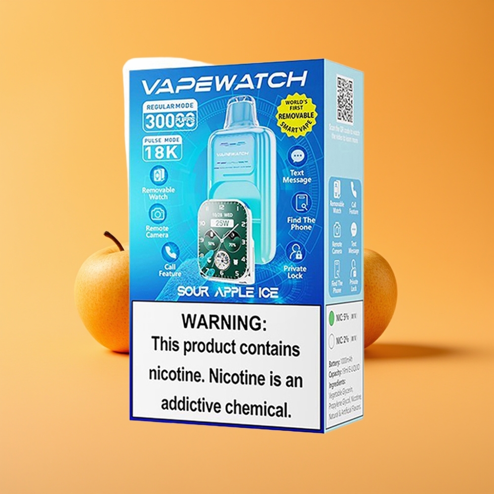 JNR VapeWatch 30000 Puffs Engangs E-damp Sur Æble Is med 1000mAh & Type-C