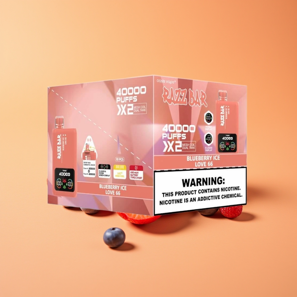 Razz Bar 40000 Puffs Disposable Vape BLÅBÆR IS & LOVE 66 med Power Screen Display