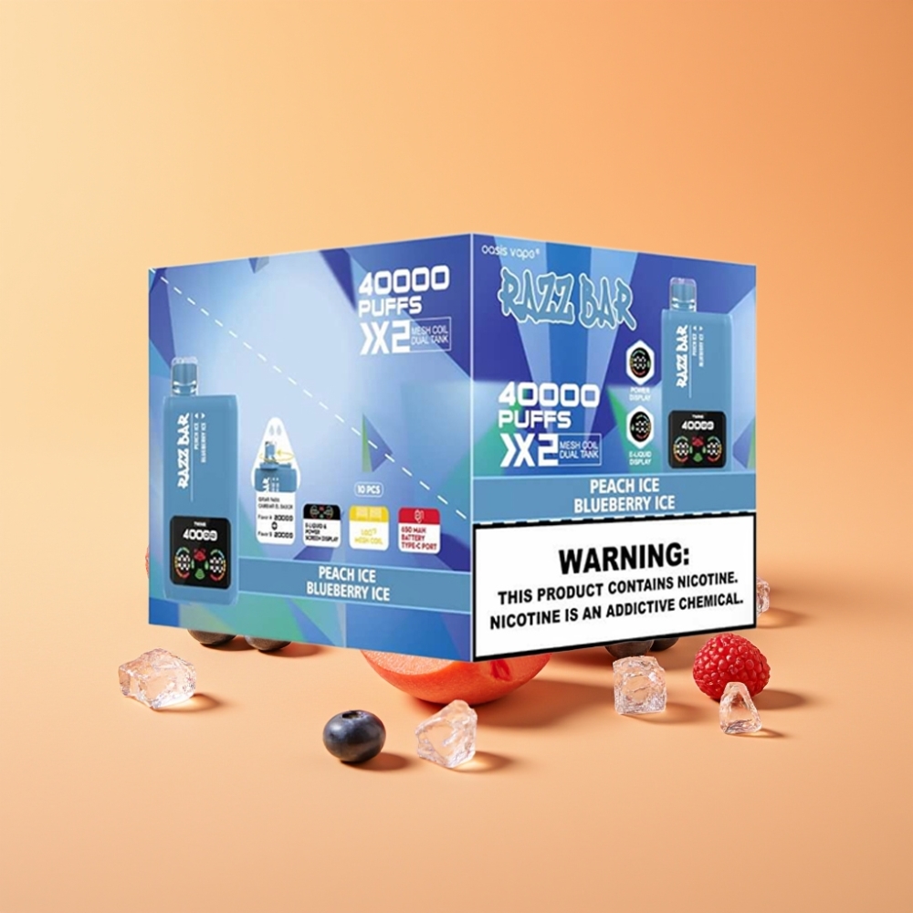 Razz Bar 40000 Puffs Disposable Vape FERSKEN IS & BLÅBÆR IS med Power Skærm Display