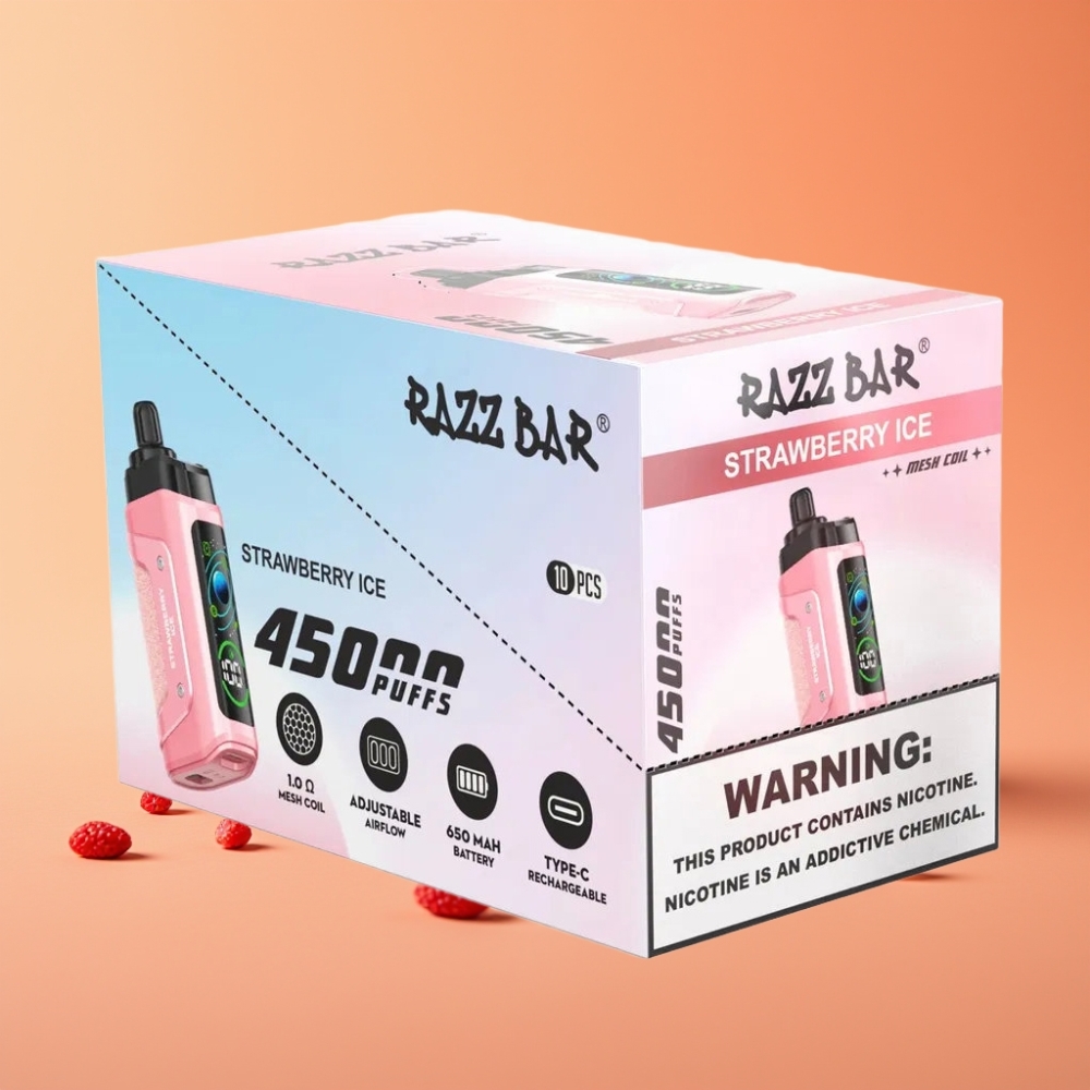Razz Bar 45000 Puffs Disposable Vape Jordbær Is med 1.0 Ohm Mesh Coil og Type-C Opladning