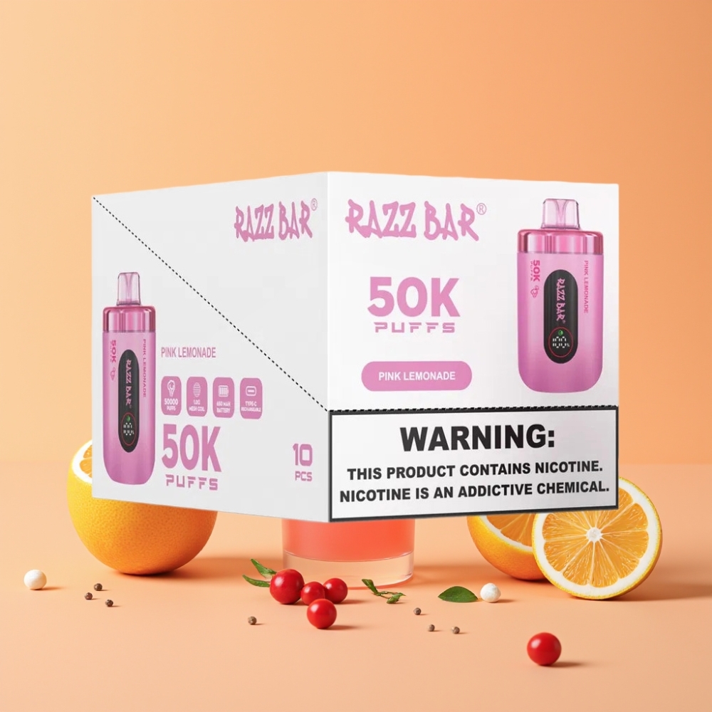 Razz Bar 50K Puffs Disposable Vape Lyserød Lemonade med 650 Mah Batteri
