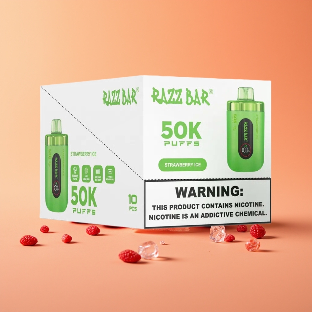 Razz Bar 50K Puffs Engangs Vape Jordbær Is med 650 Mah Batteri og Type-C Opladning
